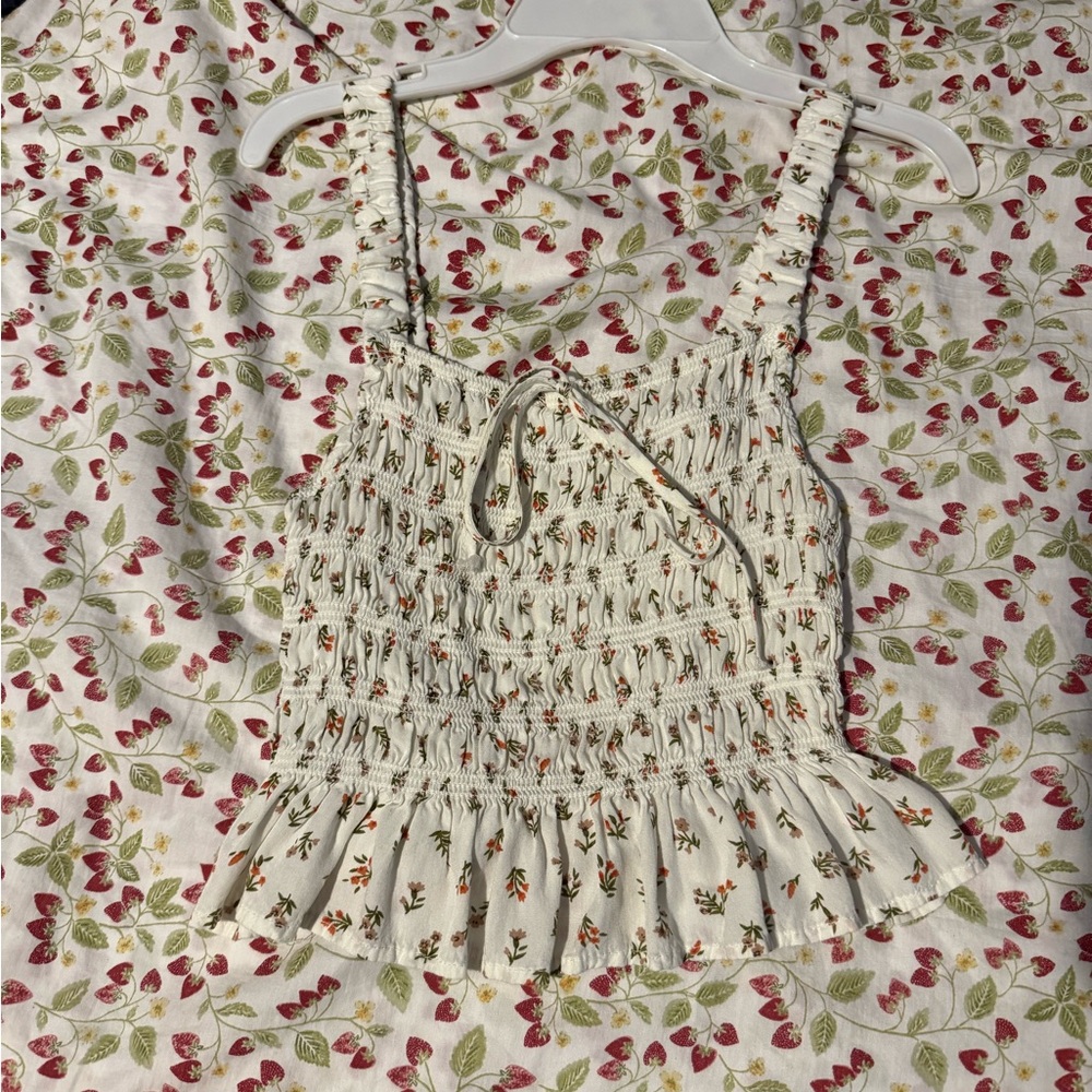 Cream and Pink Smocked Peplum Tank Top